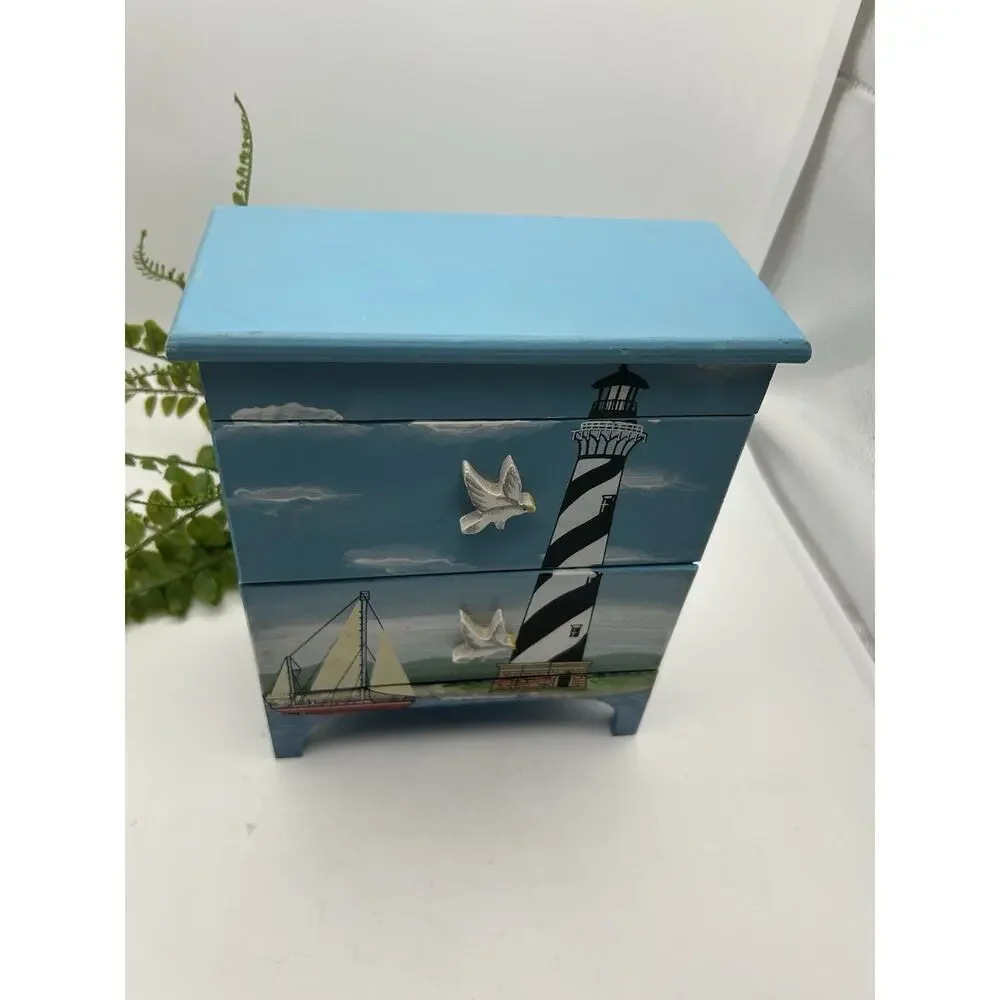 Nautical Lighthouse and Sailboat Mini Wooden Chest